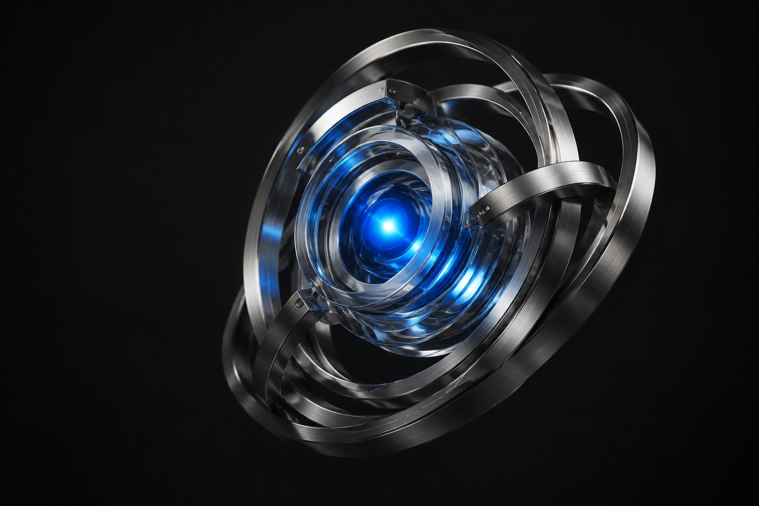 A conceptual optical intelligence core with blue light, glass and titanium rings
